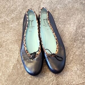 Thierry Rabotin ballet flats euro size 39.5 navy leather bow on toe leopard trim